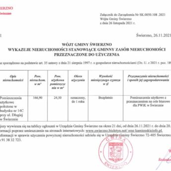 Wykaz nieruchomości przeznaczonych do dzierżawy / najmu / użyczenia w Gminie Świerzno Wykaz nieruchomości przeznaczonych do dzierżawy / najmu / użyczenia w Gminie Świerzno