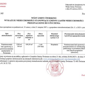 Wójt Gminy Świerzno ogłasza zasób nieruchomości do użyczenia