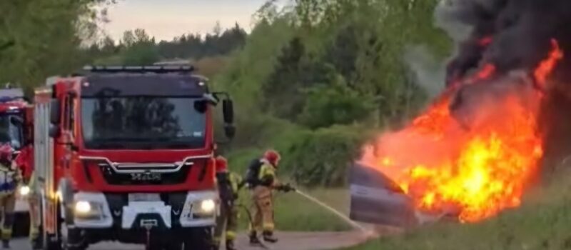 Pożar samochodu osobowego między Dargobadzem a Mokrzycą. Auto spłonęło doszczętnie