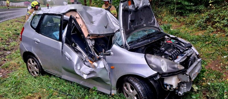 Skoda wypadła z drogi i uderzyła w drzewo. Dwie osoby poszkodowane