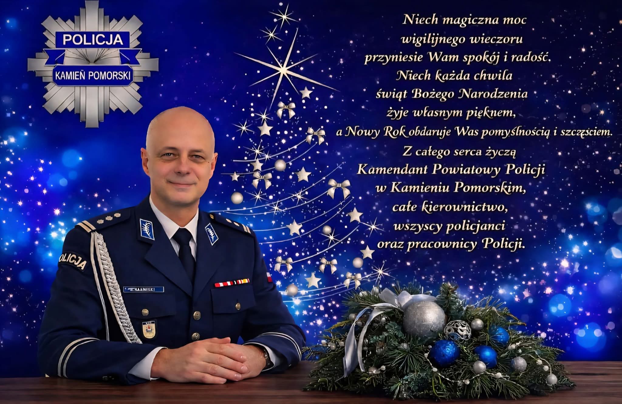 Komendant Powiatowy Policji w Kamieniu Pomorskim złożył świąteczne życzenia mieszkańcom