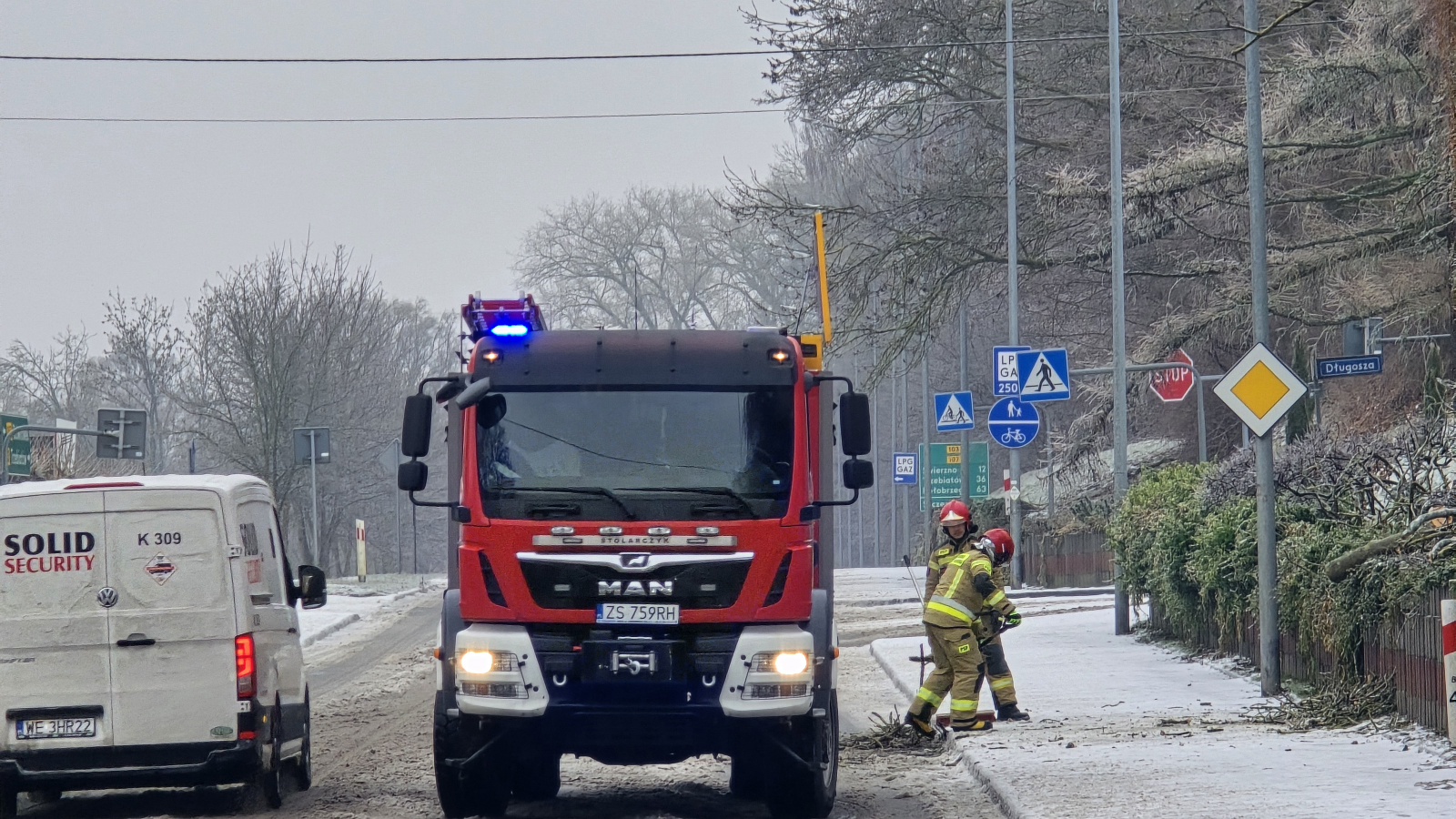 Marznące opady i śnieg dają się we znaki. Drzewo runęło na chodnik w Kamieniu Pomorskim