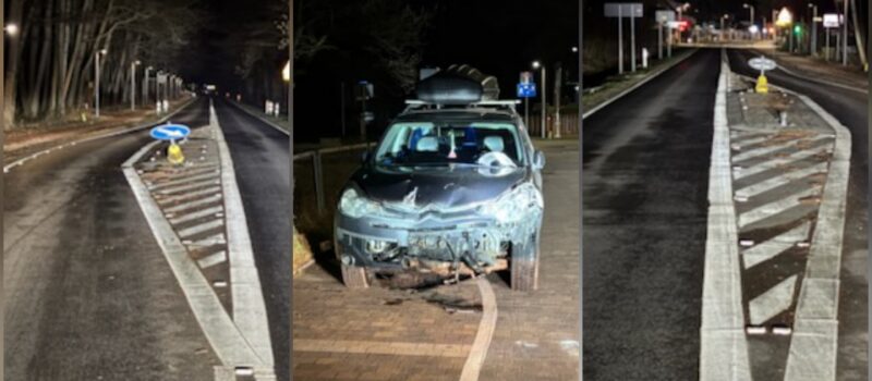 Nocna kolizja na wjeździe do Międzywodzia. Auto przejechało przez wysepkę