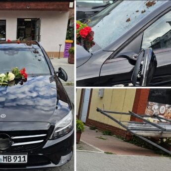 Nocna demolka przy Wysockiego. Zniszczone auto i ogródek przed lokalem