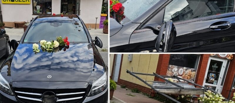 Nocna demolka przy Wysockiego. Zniszczone auto i ogródek przed lokalem